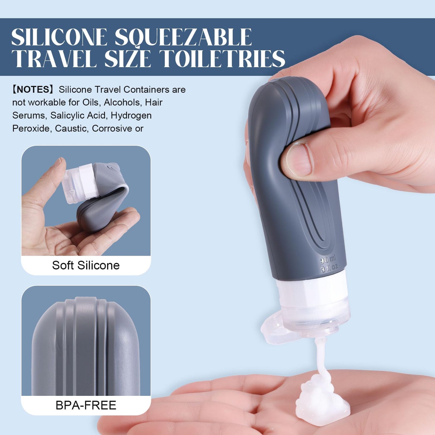 YIIMER Travel Bottles for Toiletries, 3oz TSA Approved Travel Size Toiletries, Silicone Leak-Proof Refillable Containers, Squeezable Liquid Essentials Bottles W/Clear Bag (GRAY)