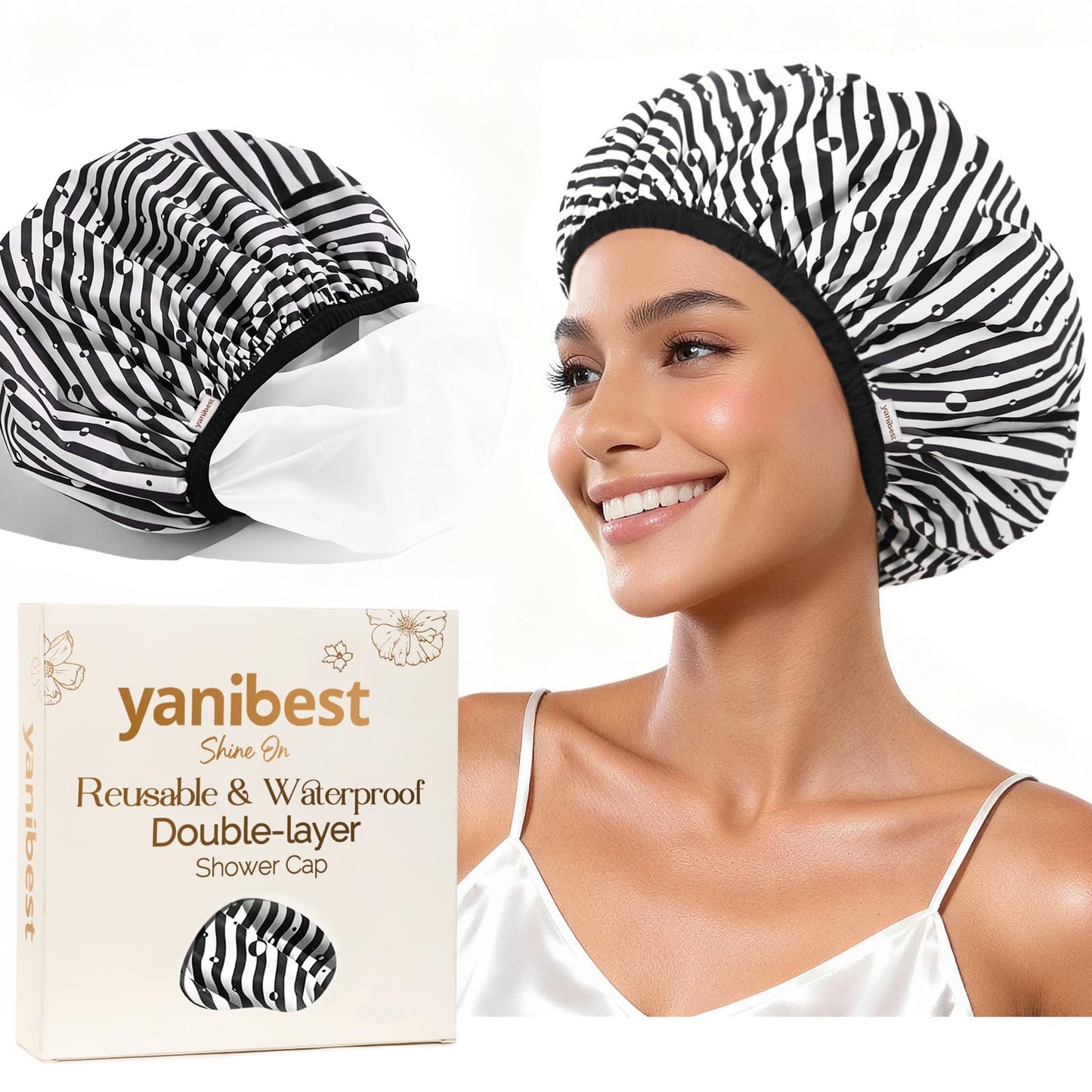 Yanibest Shower Cap Reusable Waterproof - Double Layer Shower Caps for Women, Washable Shower Bonnet with Soft Non-Slip Elastic Band, Bath Hair Hat for Most Hair Types