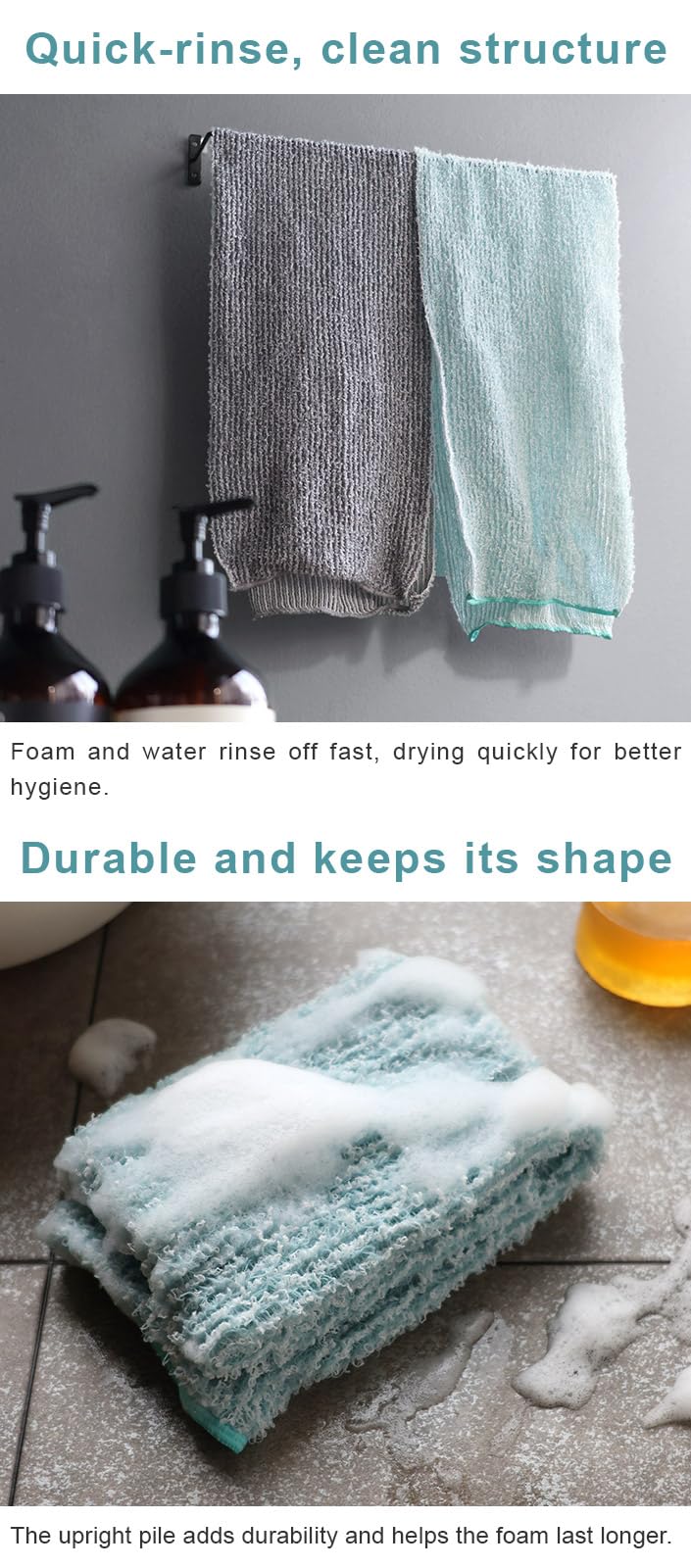 HIORIE Exfoliating Shower Towel – Firm Texture Body Towel for Rich, Luxurious Lather - Gray - Made in Japan