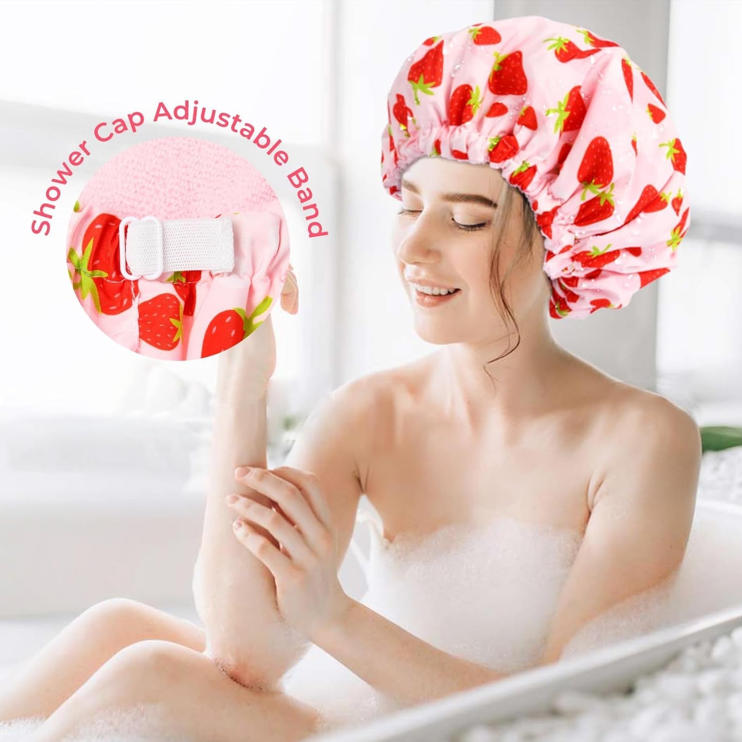 Shower Cap for Women Terry Lined Bath Cap Large Reusable Waterproof Elastic Band Pink Shower Caps for Long Thick Hair Soft Bath Shower Hair Caps