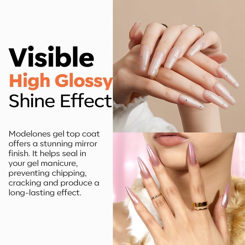 modelones Hema Free Gel Base Top Coat Set, 2 Pcs Clear Glossy Gel Nail Polish Long Lasting for Acrylic Nails Soak Off Nail Lamp Nail Art Home Salon Manicure Gift for Women