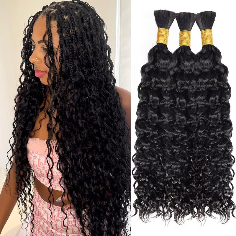 Boho Hair for Braiding, 24 Inch Curly Virgin Human Braiding Hair for Women, 12A Knotless Water Wave Bulk Bohemian Styles, 150g 3 Bundles Natural Black