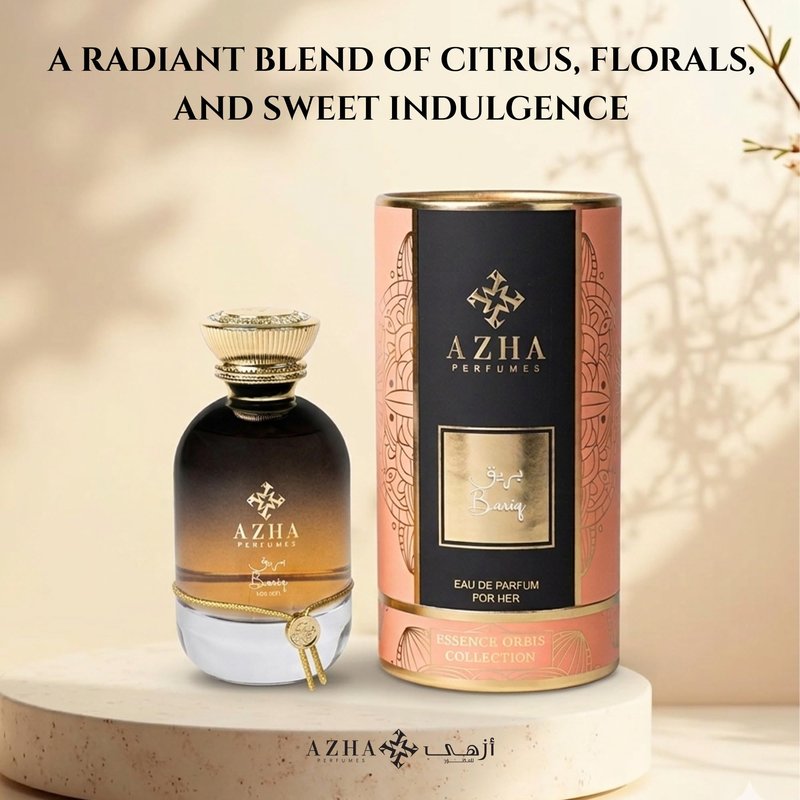 Azha Perfumes Essence Orbis Bariq Eau de Parfum for Women, 3.4 Fl Oz / 100 mL, Long Lasting Arabian Perfume Spray, Citrus Gourmand Vanilla Fragrance with Tangerine, Orange, Lemon, Luxury Scent