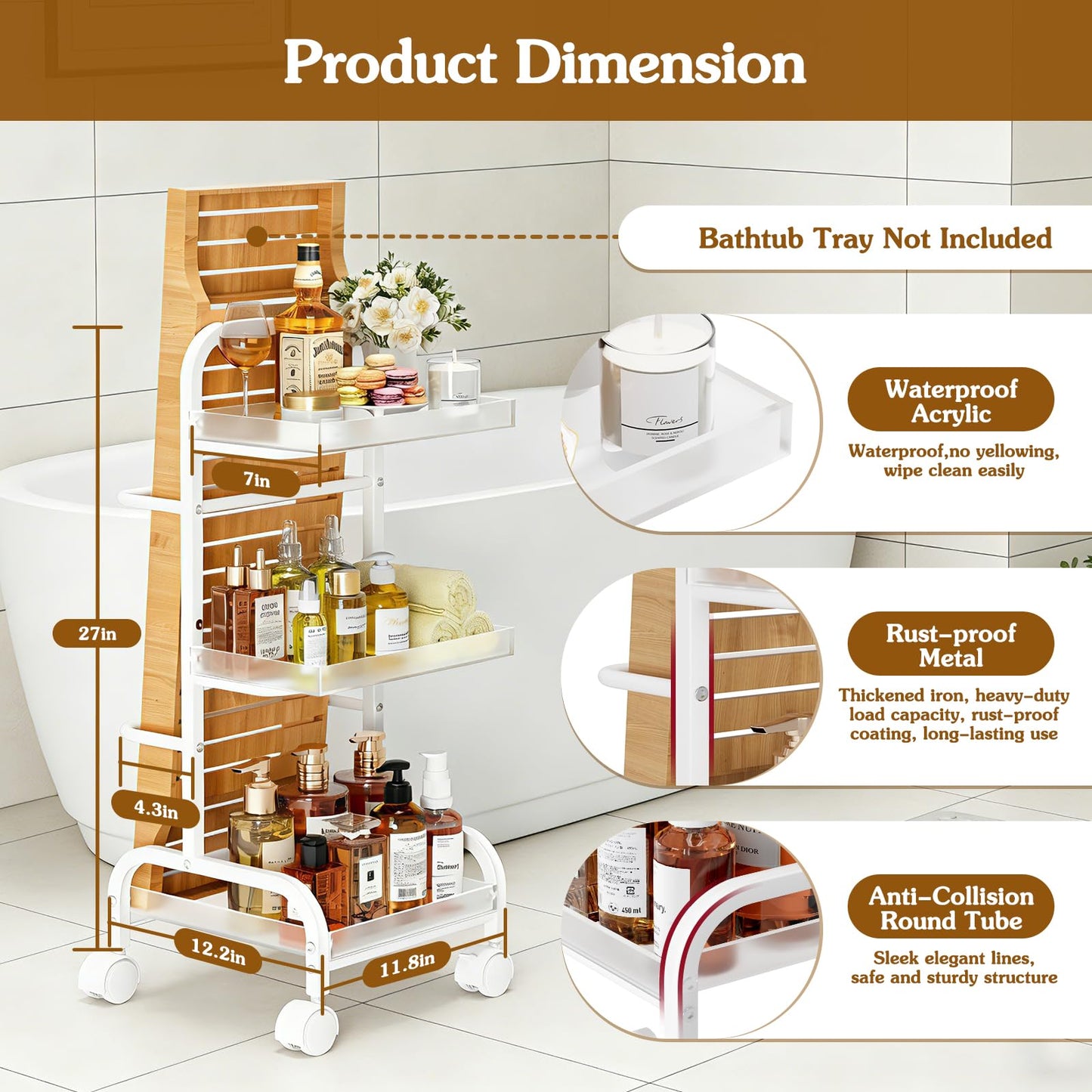 Bathroom Cart with Bathtub Tray Holder, Bathroom Organizers and Storage, Small Slim Shelf Organizer with Bath Tub Caddy Rack, 3 Tier Narrow Skinny Acrylic Rolling Cart for Laundry Room Living Room