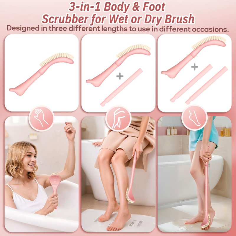 GEENOA Foot Brush & Back Scrubber Set, 27.5'' Adjustable Foot Scrubber for Shower, 18.9'' Shower Back Scrubber with 3-Length Usage, Great Aid for People with Limited Mobility(Pink Set)