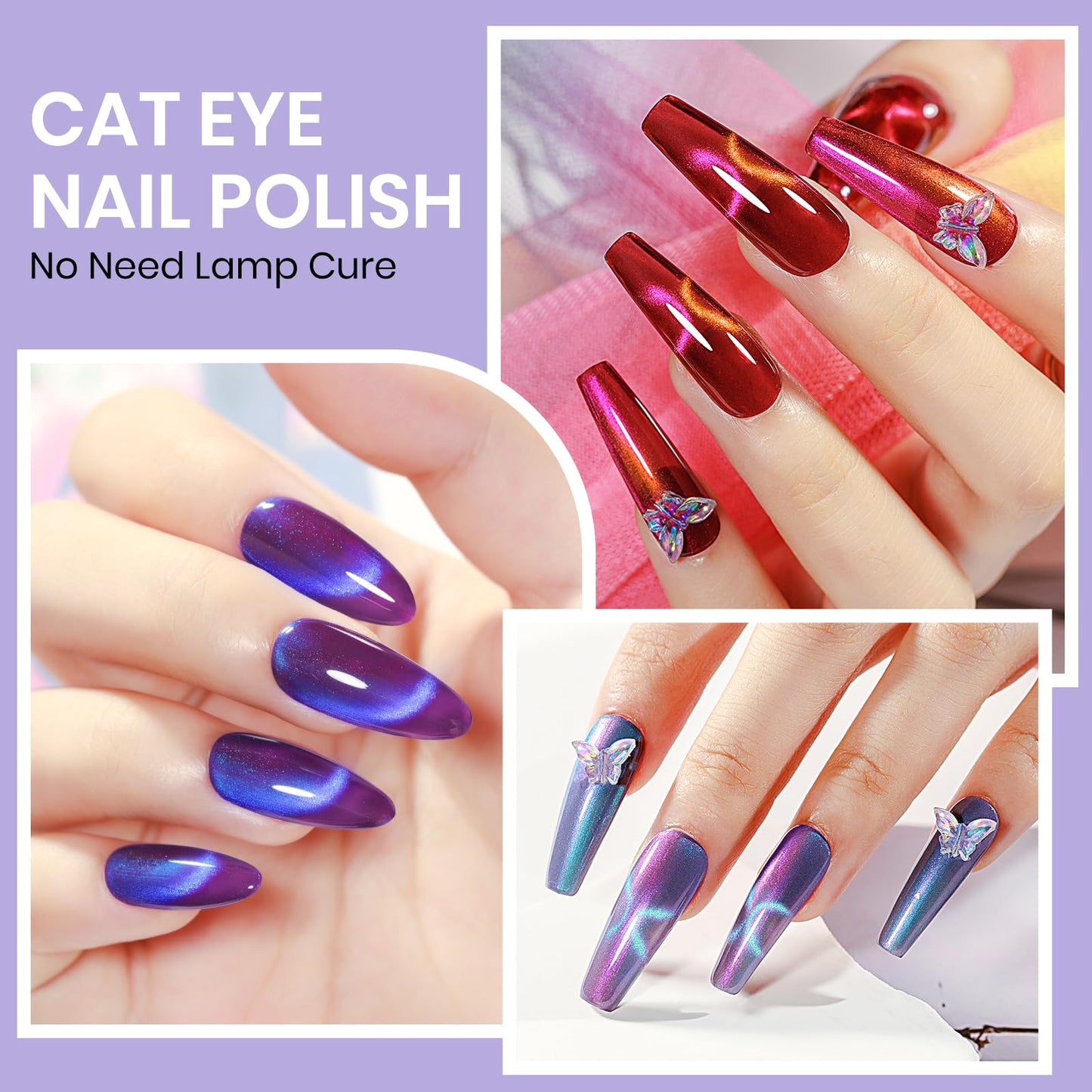 SUPWEE Cat Eye Nail Polish Set, Quick Dry Magnetic Nail Polish Non Gel with Magnet, Multi-Color Holographic Glitter Cateye Nail Lacquer High Glossy DIY Salon Gift for Women Girl