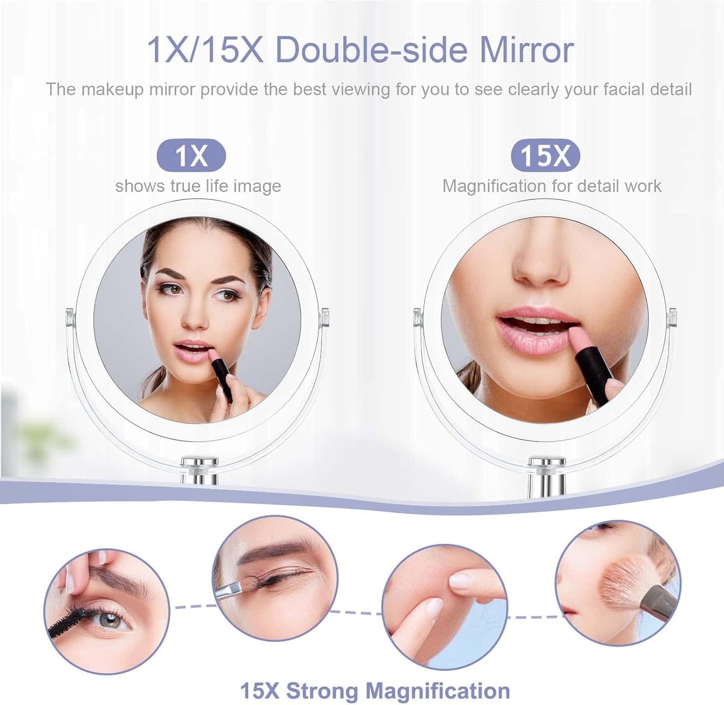 Vanity Makeup Mirror - 1X/15X Double-Sided Magnification | 360° Swivel, Portable Tabletop Design, 6.25 Inch