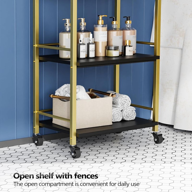Salon Trolley Cart - Wooden Rolling Storage Station for Beauty & Spa | Mobile Utility Cabinet with 1 Drawer & 2 Trays - Black Gold