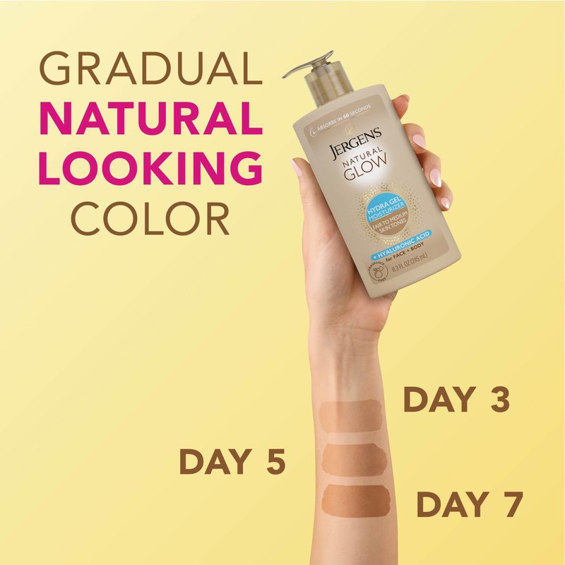 Jergens Natural Glow Hydra Gel Moisturizer, Gradual Tanning Lotion with Hyaluronic Acid, Hydrating Tanning Gel, Fragrance-Free Self Tanner, Fair to Medium Skin Tone, 8.3 Fl Oz