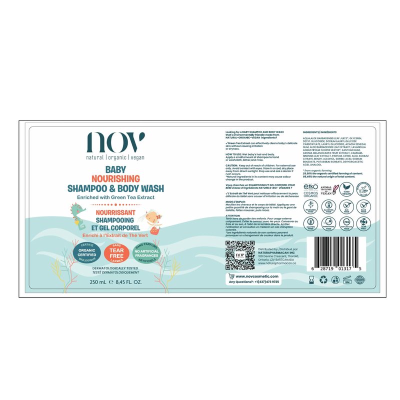 NOV natural organic vegan Baby Shampoo & Body Wash | Tear-Free, Plant-Based Formula for Gentle Cleansing, Nurturing, and Ethical Care, Free from Harmful Chemicals