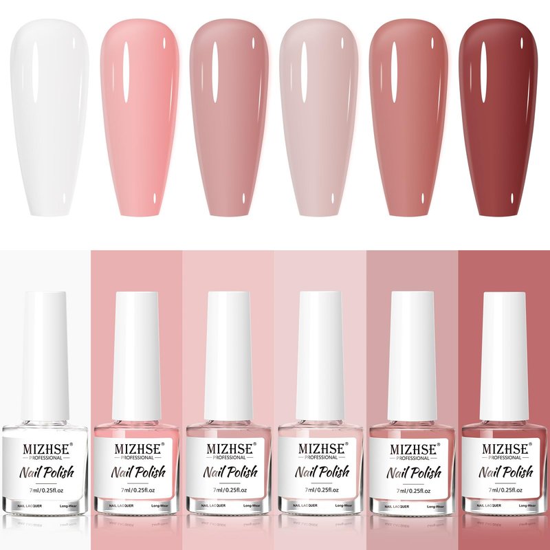 MIZHSE Quick Dry Nail Polish Set: 6 Classic Nude Colors Collection Milky White Nude Pink, Regular Nail Lacquer Fingernail Manicure DIY Nail Art Salon Gift for Women Girls