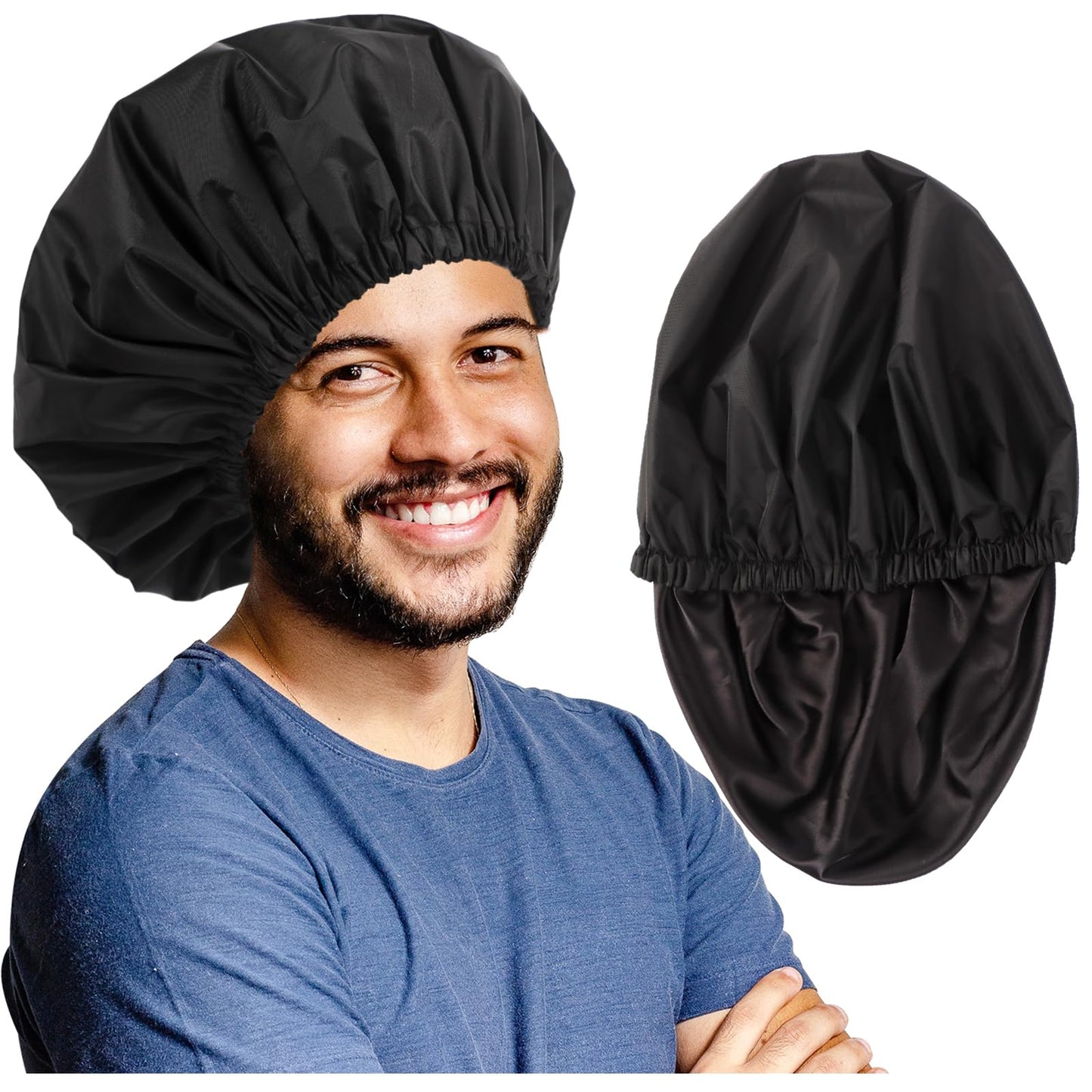 Adjustable Shower Caps for Men Women Reusable Waterproof Satin Lining Large Shower Cap for Long Hair Braids Curly Hair (L,Black/Black)