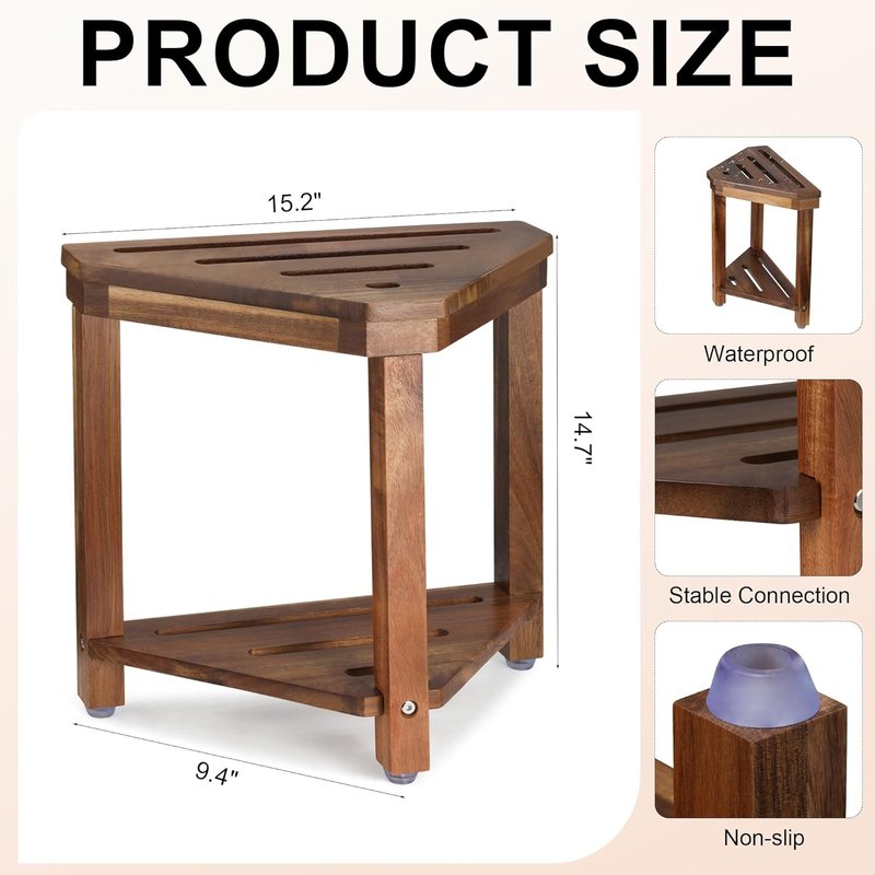 Acacia Wood Shower Stool - Waterproof Foot Rest with Storage Shelf | Ideal for Small Shower Spaces