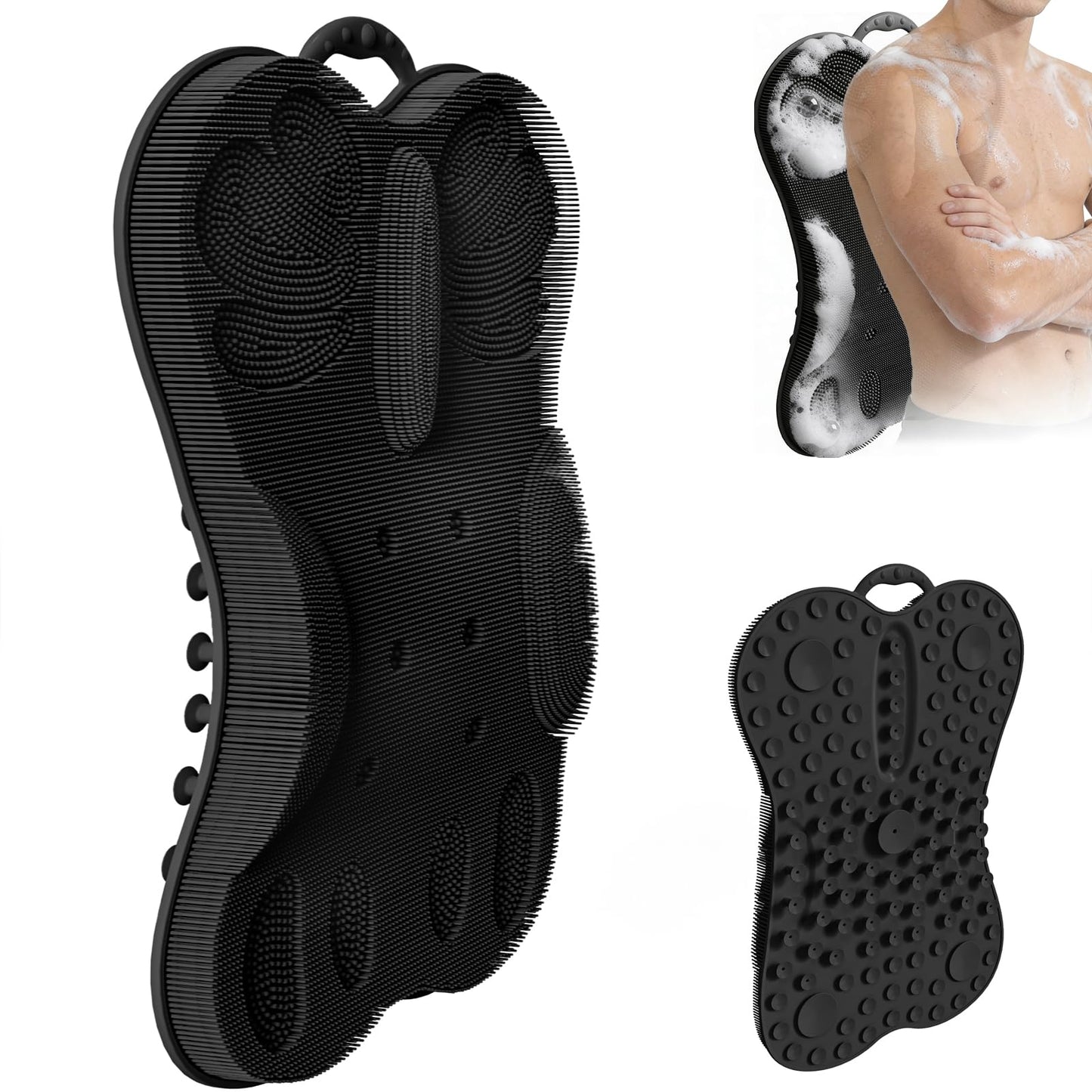 Back Scrubber for Shower Wall Mounted Men Exfoliating Scratcher Mat Extra Large Silicone Hands Free Body Brush, 3D Ergonomic Back Support Message Lower Pain Relief with Anti-slip Suction Cups Black