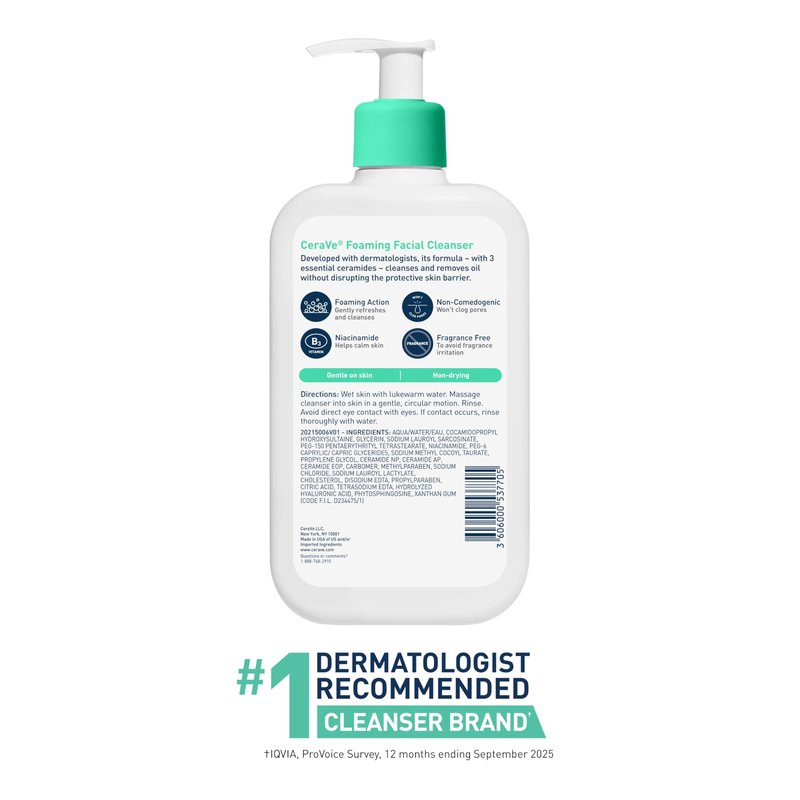 CeraVe Foaming Facial Cleanser, Daily Face Wash for Oily Skin, Hyaluronic Acid + Ceramides + Niacinamide, Fragrance Free, Non-Drying Oil Control Face Wash, 16 Fluid Ounces