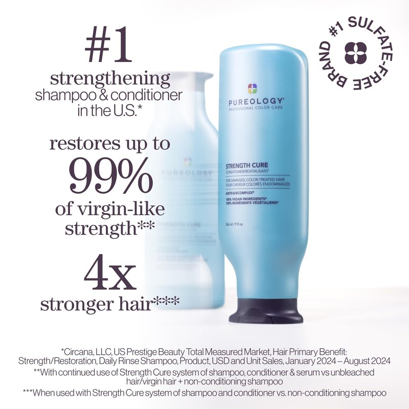 Pureology Strength Cure Shampoo & Conditioner Set - For Damaged or Color Treated Hair, Hair Strengthening & Prevents Breakage, Seals Split Ends, Vegan, 8.5 Fl Oz