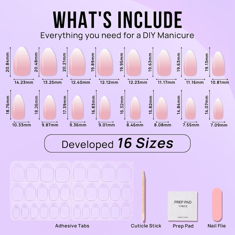 Almond Press On Nails Medium - Soft Gel Ombre Fake Nails with Nail Glue, Semi-Transparent Reusable Glue On Nails in 15 Sizes - 30PCS Stick On Nails Kit, Vanilla Cream Almond
