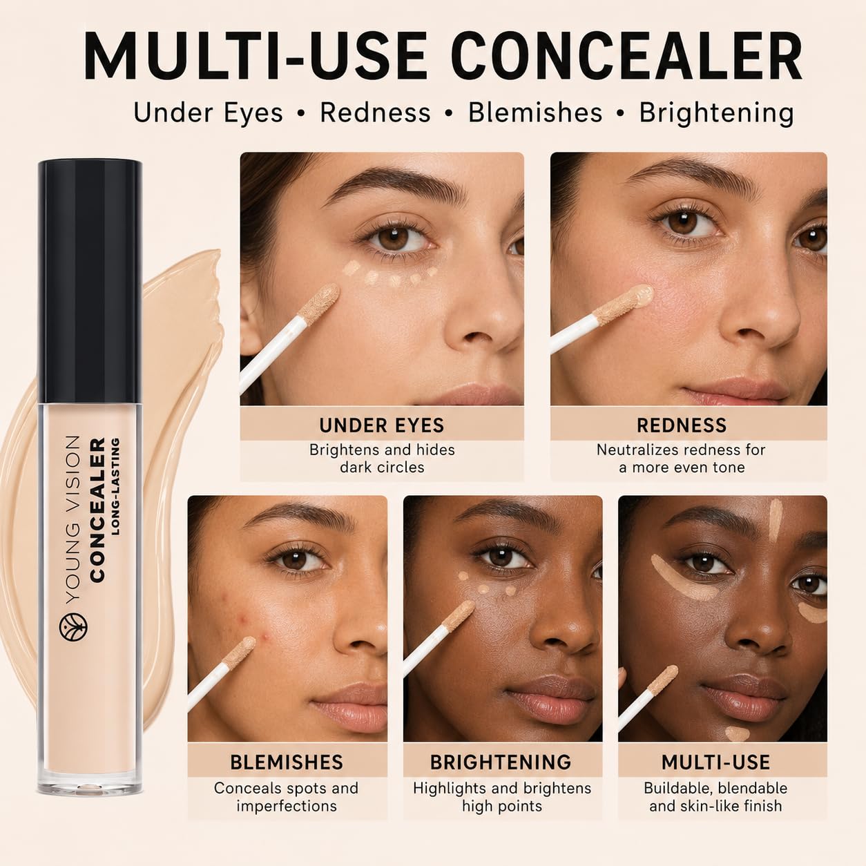 Young Vision Full Coverage Liquid Concealer - Waterproof Under Eye Corrector for Dark Circles & Blemishes | Fair Neutral