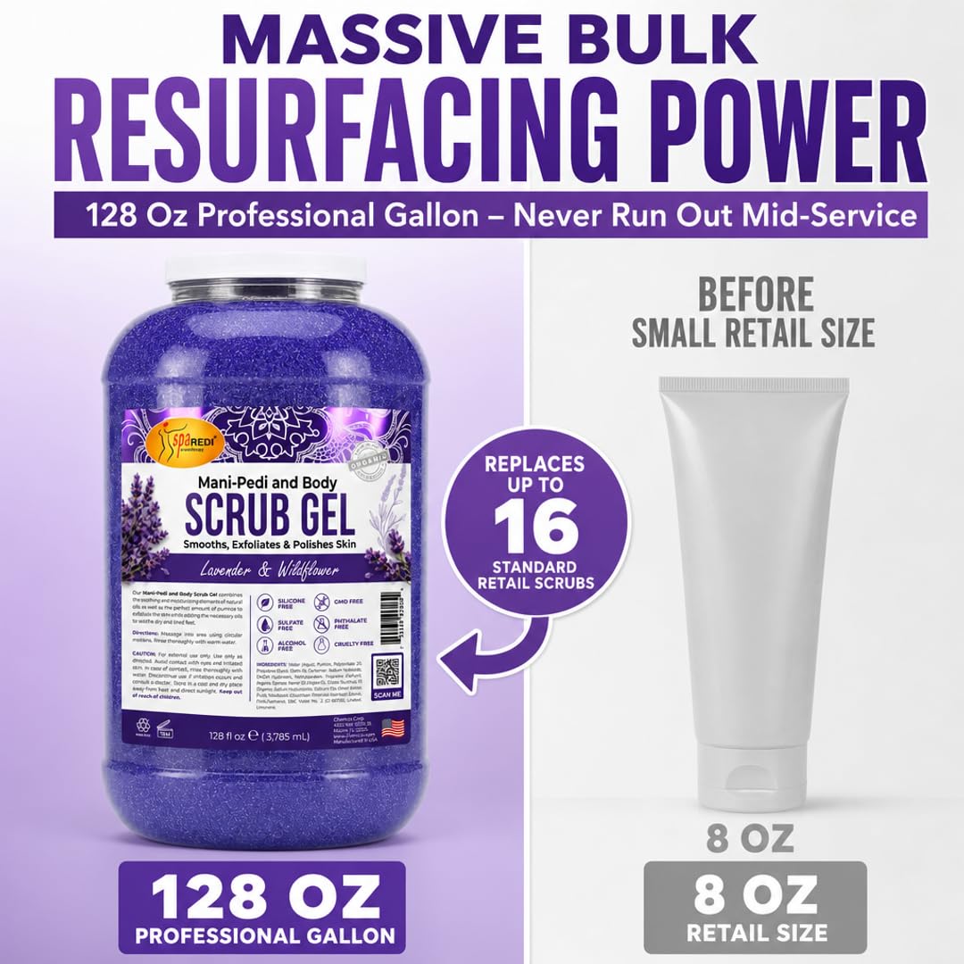 SPA REDI Exfoliating Body & Skincare Treatment – Multi-Purpose Professional & At-Home Skin Refinement | Exfoliate. Hydrate. Transform for Holistic Transformation | Lavender & Wildflower 128 Oz