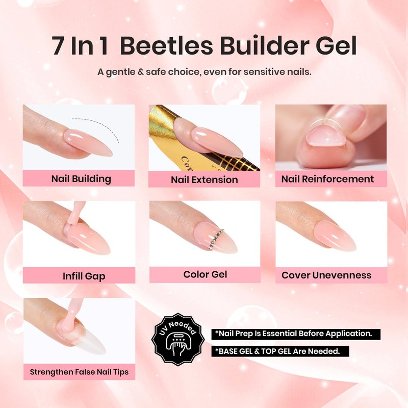 Beetles Builder Gel for Nails,0.5 oz 8 in 1 Nail Thickening Strengthening Building Apex for Beginner DIY Salon at Home,Nude Builder Nail Gel,UV & LED Lamp Cured Needed