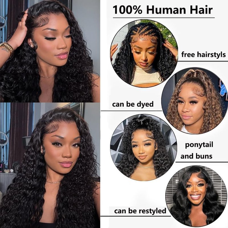 Caijuxing 34 Inch Water Wave Lace Front Wigs Human Hair 200 Density 13x6 HD Lace Front Wigs for Women Pre Plucked Wet and Wavy Human Hair Wig Glueless Deep Curly Frontal Wigs Human Hair Natural Black