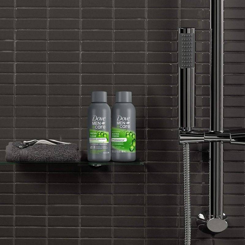 Dove Men+Care Travel Essentials Bundle - Extra Fresh Body & Face Wash & Fresh + Clean 2-in-1 Shampoo, 3 Oz Each