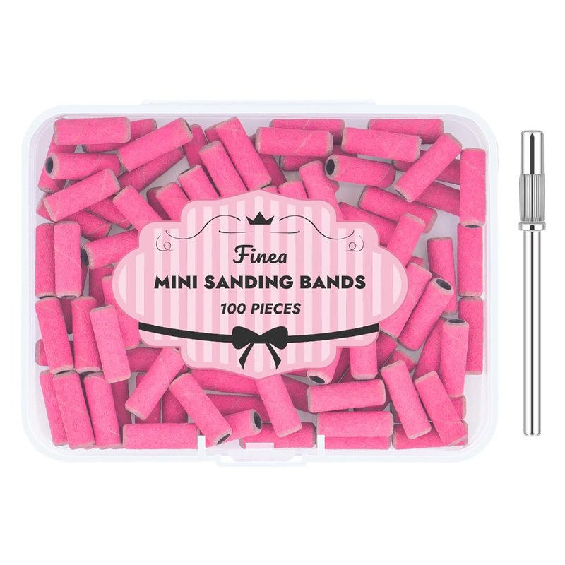 Finea Nail Drill Bits Set - 100 Pc 240 Grit Extra Fine Sanding Bands | Mini 3/32" Mandrel for Efile - Rose Red