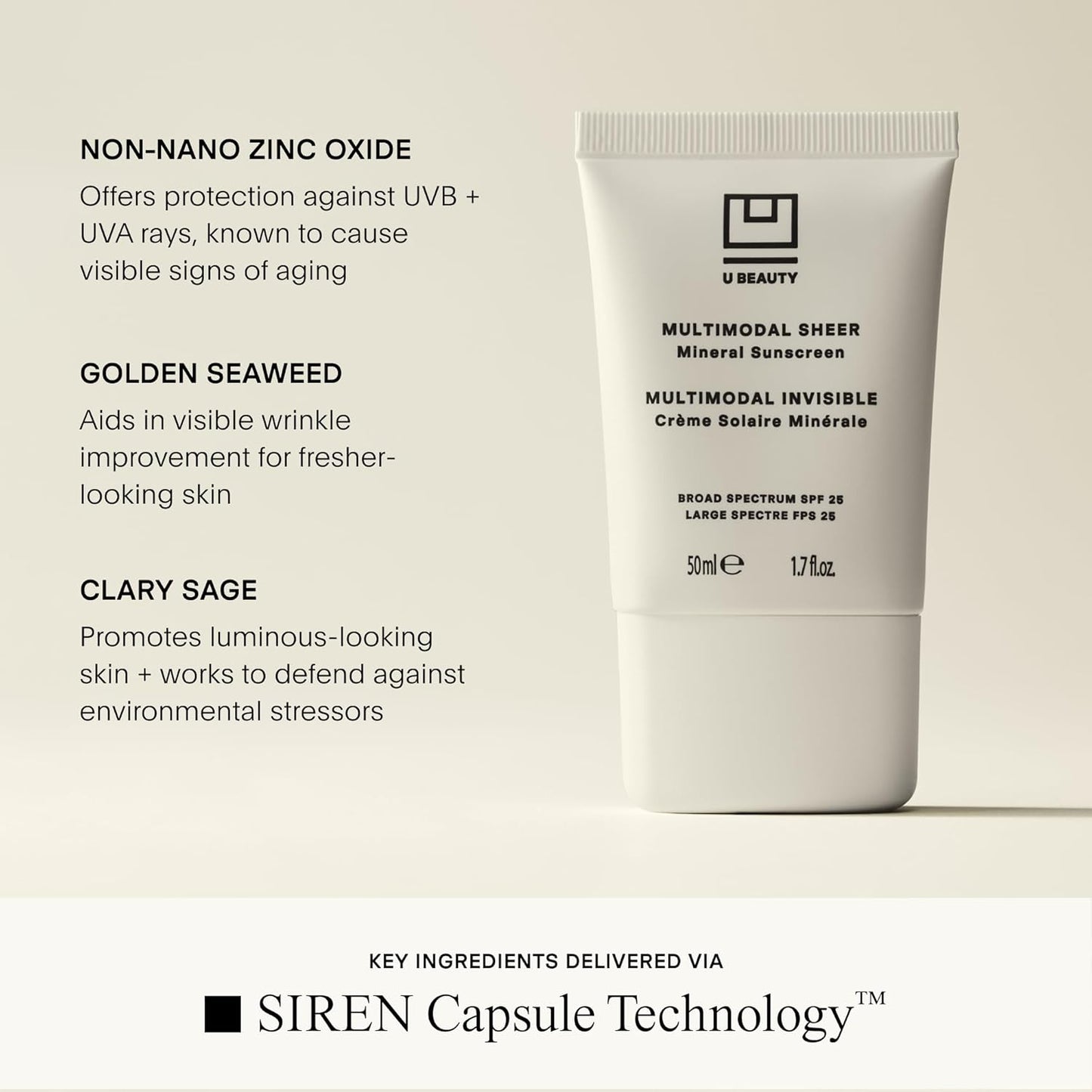 U Beauty Multimodal Sheer Facial Mineral Sunscreen SPF 25 with Non-Nano Zinc Oxide SPF Filter, plus Clary Sage and Pongamia Pinnata Seed Extracts for Brighter-Looking Skin with an Airbrush Finish