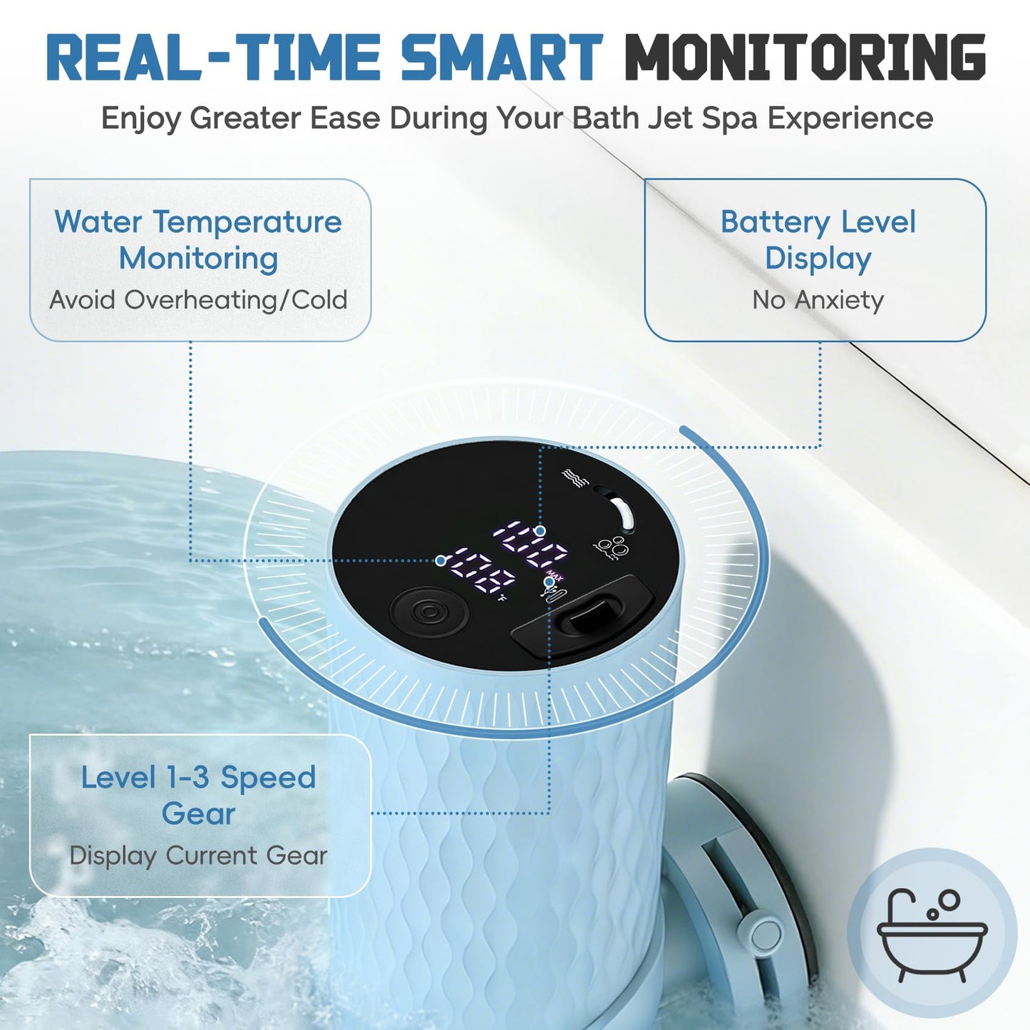 Upgraded Bath Jet SPA for Tub with Display Screen, Portable Handheld Bathtub Jet with Battery Level and Temperature Display, Bubble/Jet Two Mode, 8800mAh, IP67 Waterproof, 3 Adjustable Speeds
