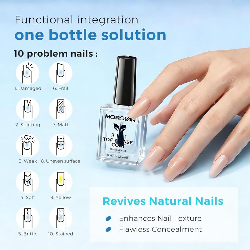 Morovan Nail Strengthener - 3-in-1 Base Coat & Top Coat for Quick-Dry, Long-Lasting Shine | Clear Nail Polish