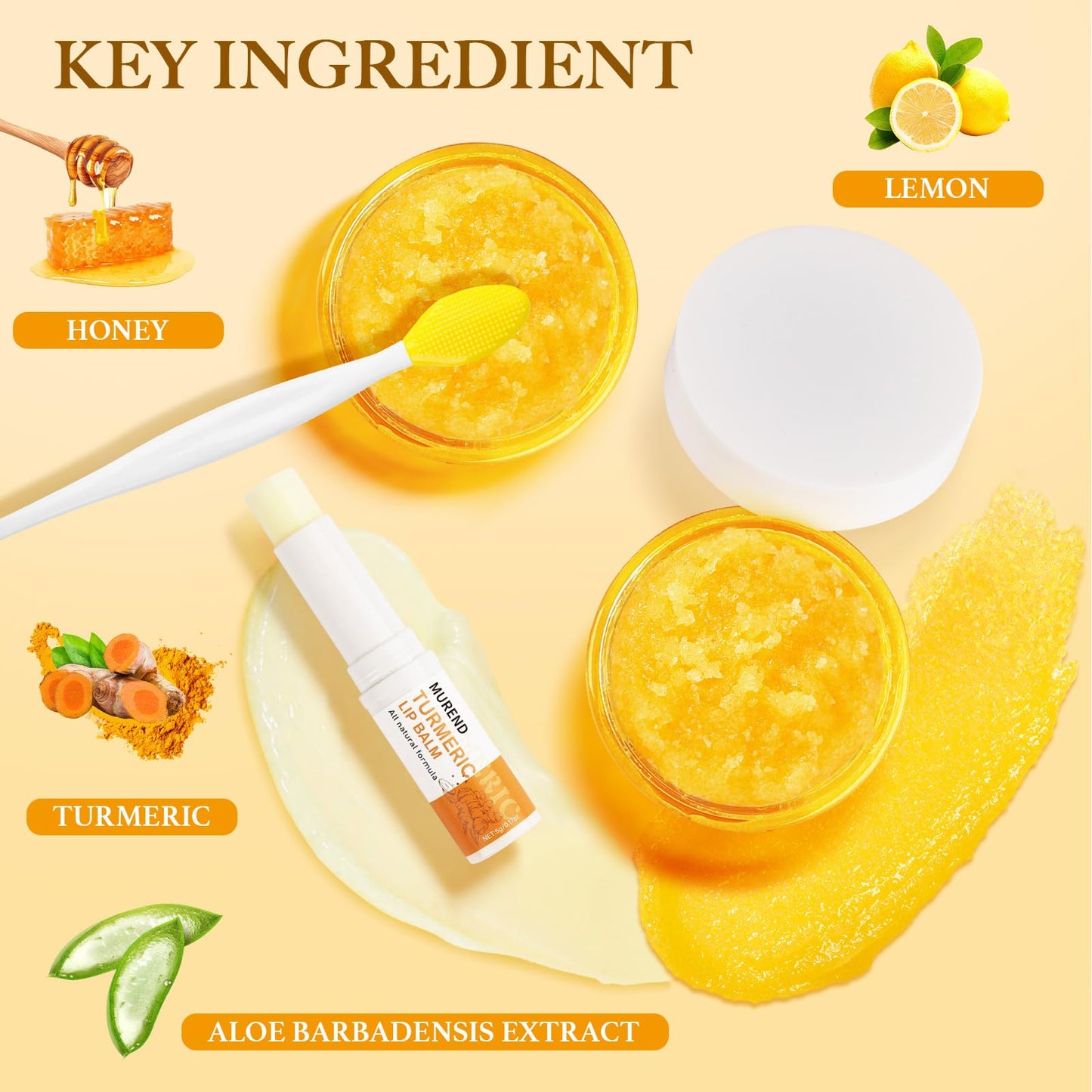 3PCS Turmeric Lemon Lip scrub and Turmeric Lip Balm with Brush Set, Lip Scrubber Exfoliator, Dark Lips Treatment for Smokers, Natural Exfoliator & Moisturizer Cracked, Dull, Reduce Fine Lines Lips