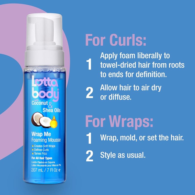 Lottabody Wrap Me Foaming Mousse - Lightweight Curl-Defining & Frizz-Control Formula | Coconut & Shea Oils, 7 oz