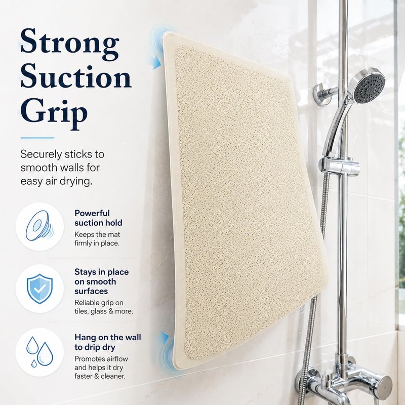 Huji Loofah Shower Mat - Non-Slip Bath Mat 10 Super Suction Cups for Bathroom - Great for The Elderly and Children