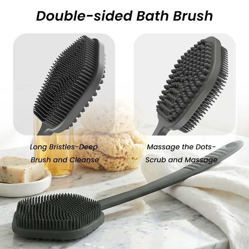 Redfly Silicone Back Scrubber for Shower Brush, 17 inch Long Handled Silicone Body Scrubber for Men & Women, Double Sided Shower Scrubber for Body Brush Exfoliator and Massage, Gray