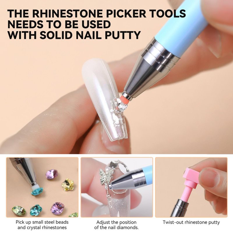 ESUOHYM 9 PCS Rhinestone Picker Tool Set, Reusable Rhinestone Wax Pencil for Bedazzling Gem Picker Up Tools Rhinestone Tray Adjustable Tweezers With Silicone Press Heads, Nail Art Tools for Diy Design
