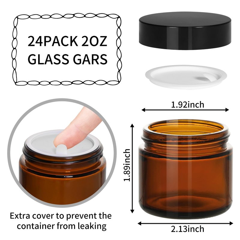 KEYWING 2 oz Amber Glass Jars with Black Lids, 24 Pack Small Cosmetic Jars, Round Empty Sample Container with Inner Liners for Lotions, Cream, Powders and Ointments