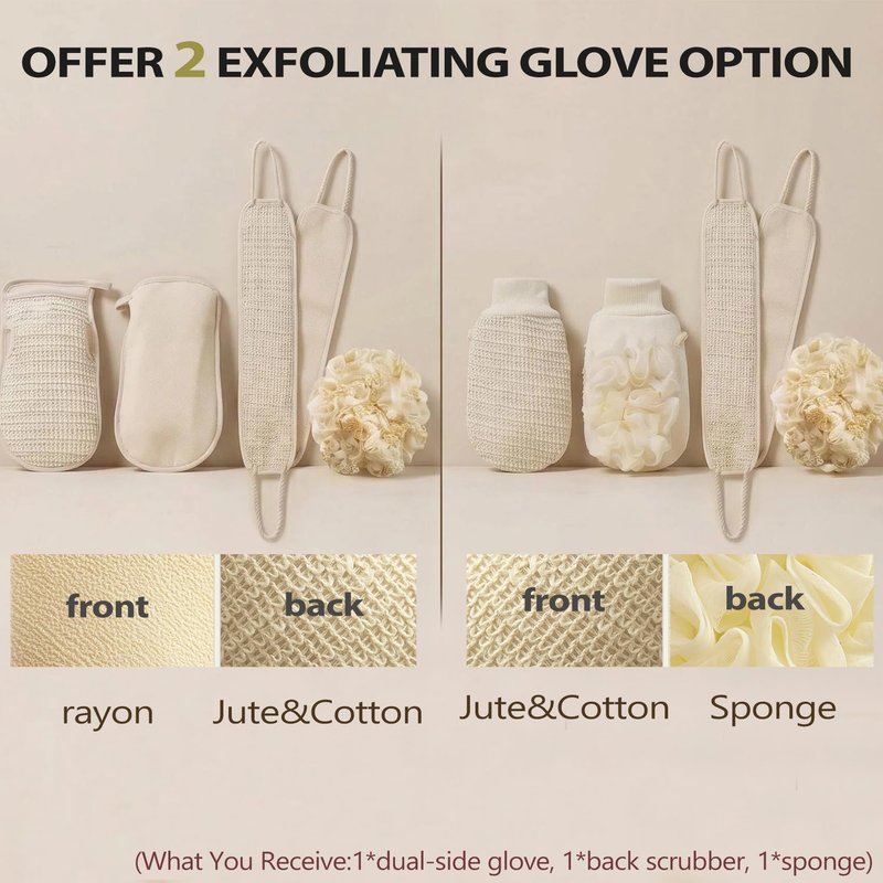 3 Pack Exfoliating Body Scrubber Set – Shower Gloves, Natural Back Scrubber Strap & Bath Pouf Sponge – Jute Cotton Blend Wash Mitt for Full Body Shower Routine & Daily Skin Care