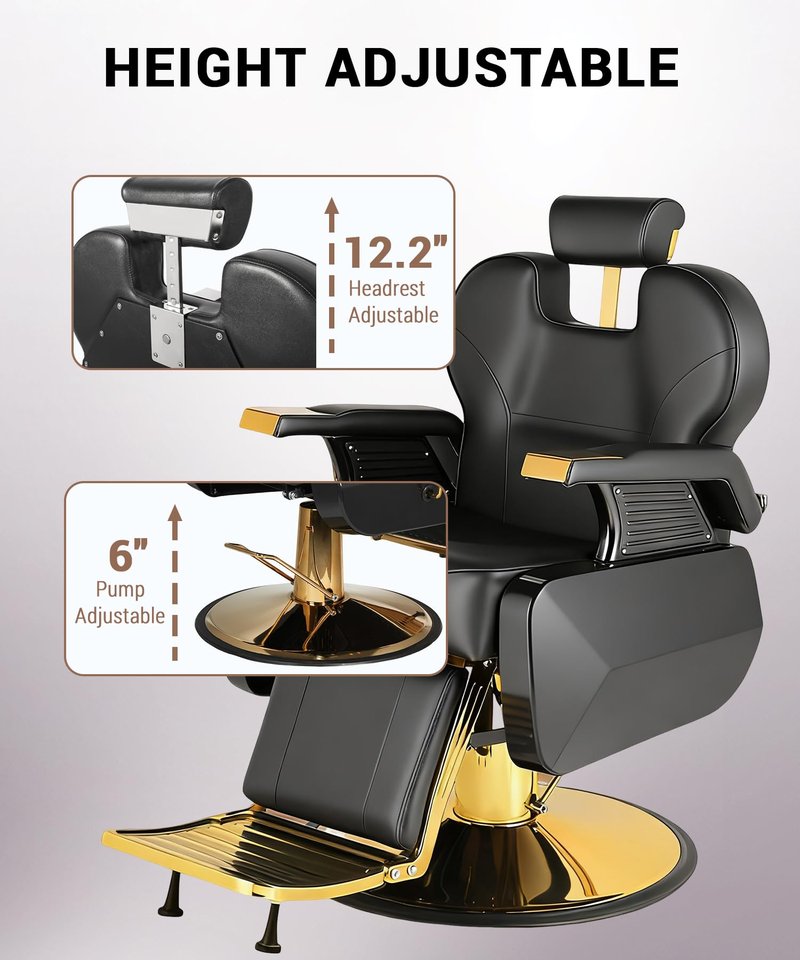 Felivine Barber Chair, Heavy Duty Barber Chair for Home Reclining Barber Chair with Adjustable Headrest & Footrest, All-Purpose Barber Chairs Adjustable Hydraulic 360° Swivel, Black Gold