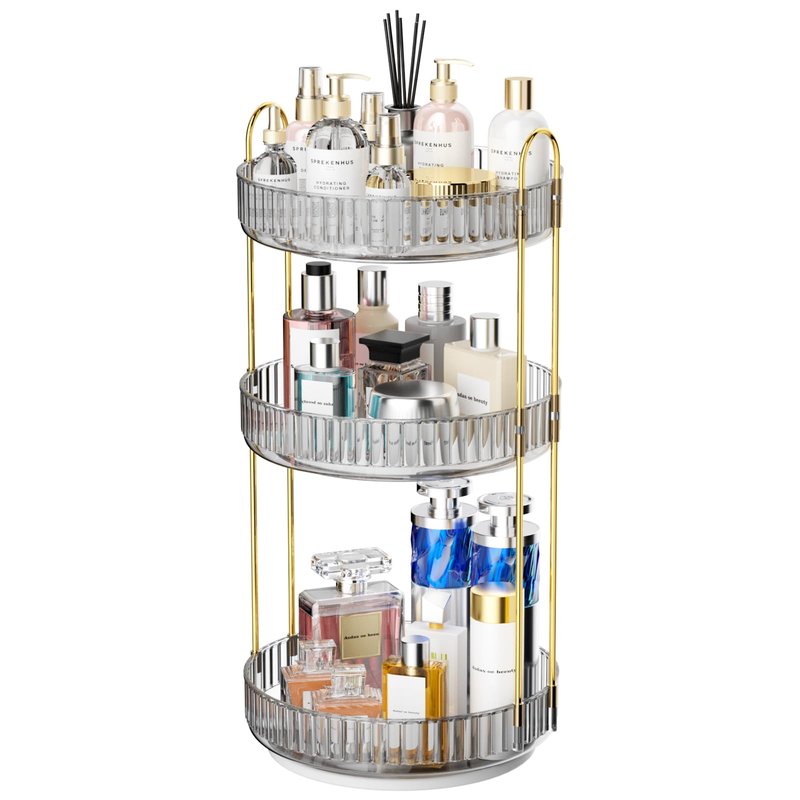 GTI 360°Rotating Makeup Organizer, 3 Tier Large Capacity Perfume Cosmetics Skincare Vanity Organizers,Bathroom Counter Organizer, Dresser Spinning Countertop Organizer and Storage for Women (Grey)