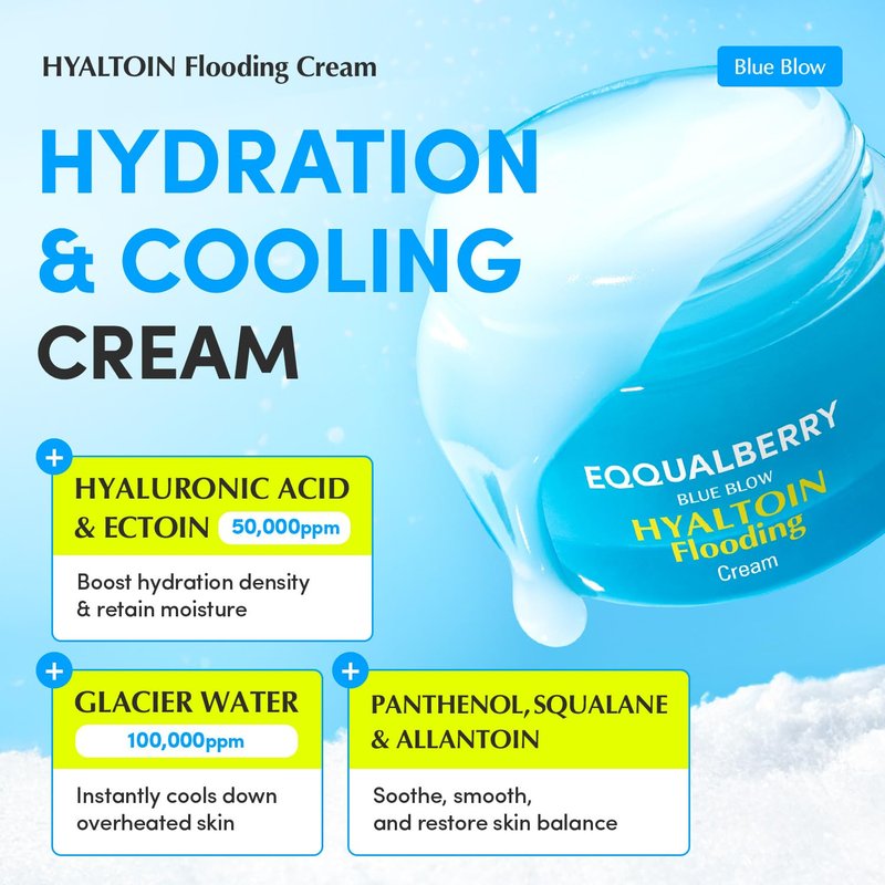 EQQUALBERRY HYALTOIN Flooding Cream - 5% Hyaluronic Acid & Ectoin, 10% Glacier Water | Cooling Gel Moisturizer for Hydration & Redness Relief | Korean Skincare (1.69 fl. oz / 50ml)