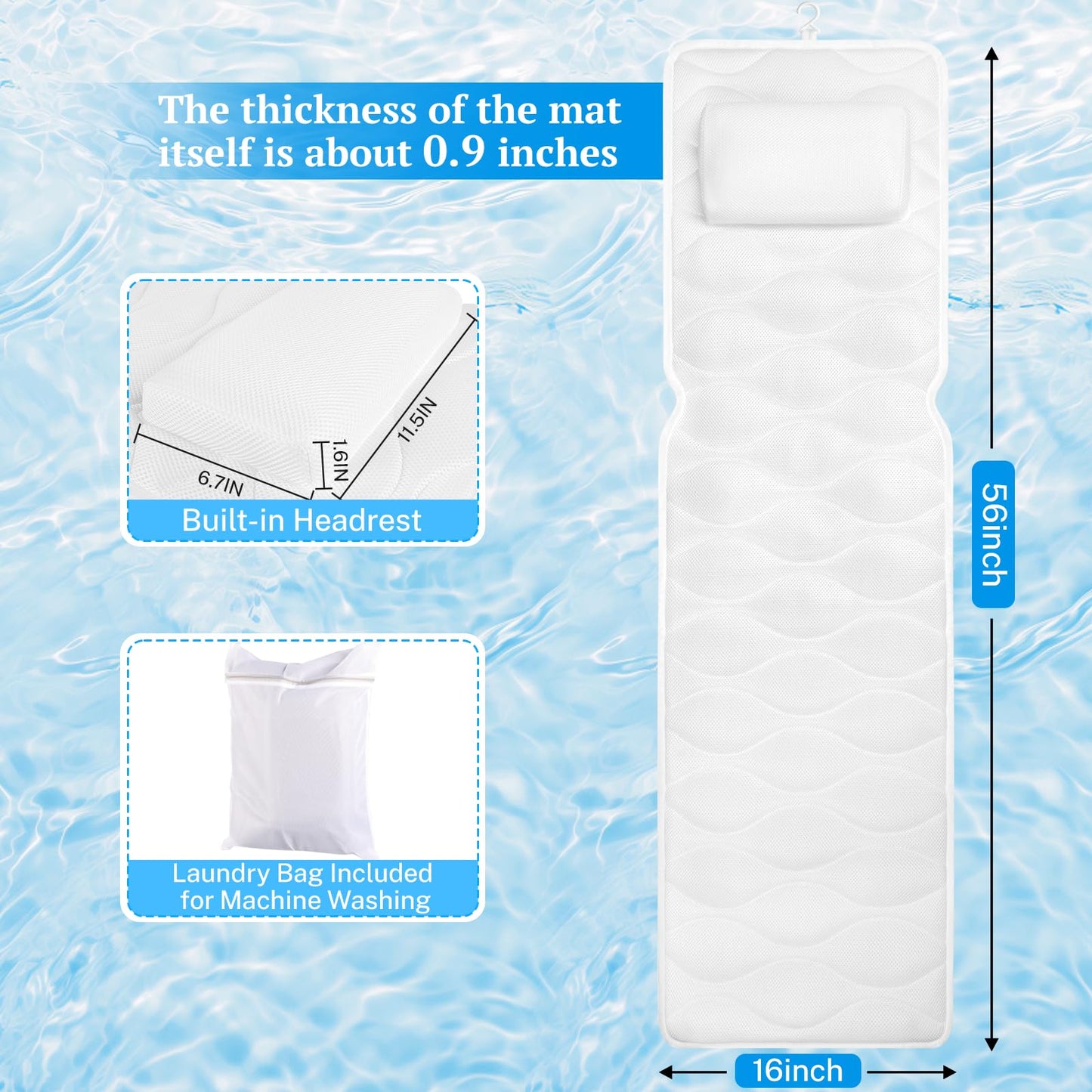 TranquilRelax Bath Pillow for Tub with Laundry Bag & 17 Non-Slip Suction Cups, Extra Thick and Soft Bathtub Pillow for Head, Neck & Shoulder Support, 56" x 16" White