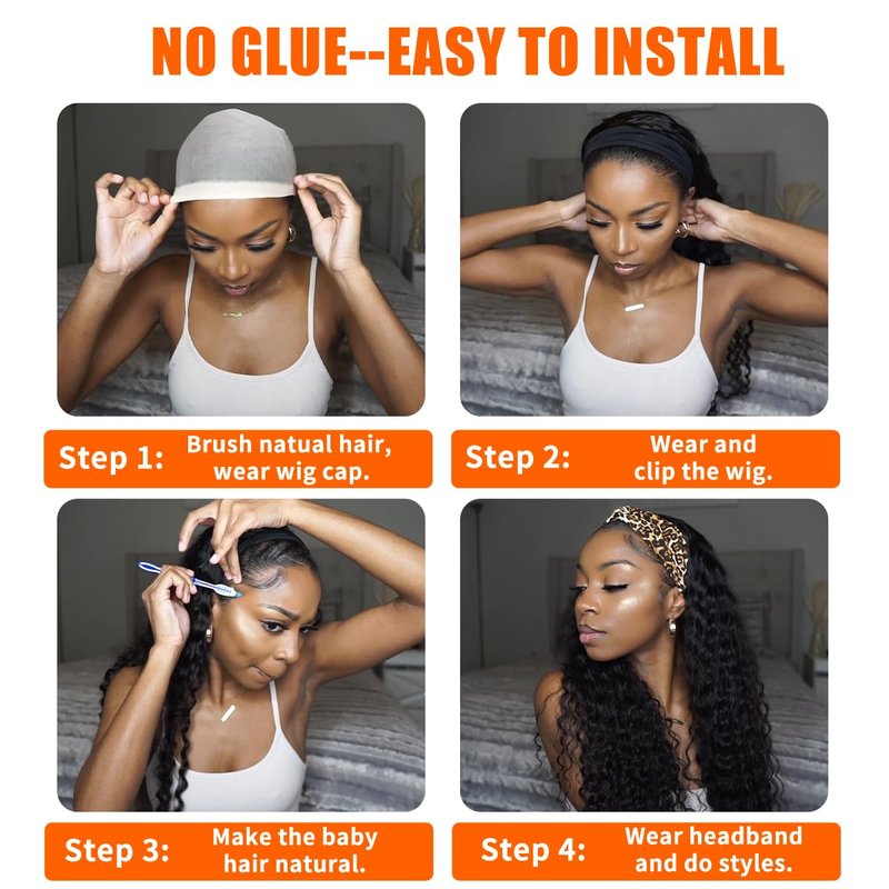 Fardoen 200 Density Headband Wig Human Hair Glueless Wigs Curly Wig Human Hair Deep Wave Wig for Black Women 20 Inch Wear And Go Beginner Friendly Natural Black Brazilian Virgin Hair