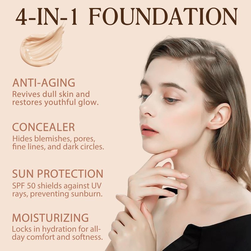 Colour Changing Foundation Liquid 4 in 1, Foundation for Older Women, Hydrating Longwearing & Waterproof Concealer, SPF 50+ Makeup Base Nude Face, Foundation Medium Spectrum for all Skin