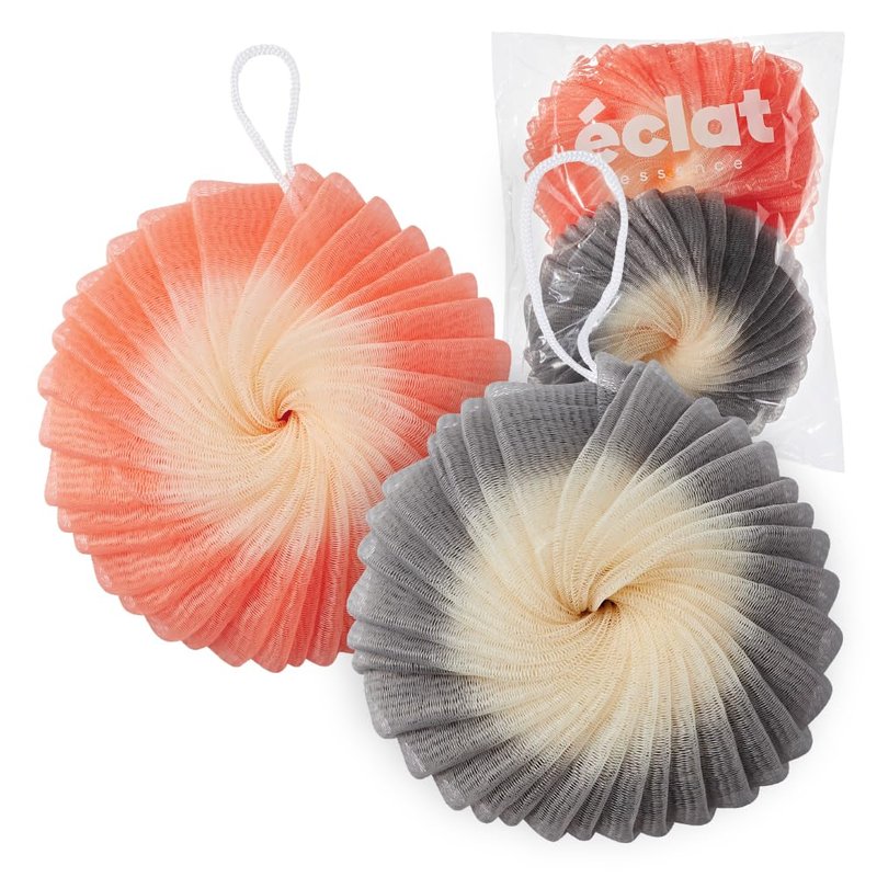 Éclat Mesh Bath Sponge Loofah Ball, Soft Exfoliating Body Scrubber for Wash, Rich-Lather Nylon Net Puff with Quick-Dry Hanging Loop, Gentle Daily Cleanser (Orange/Grey, 2Pcs)