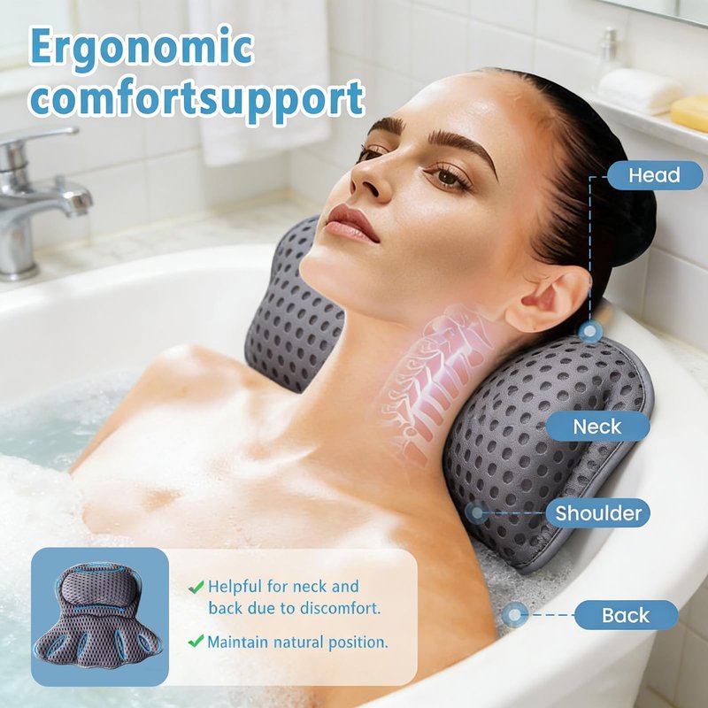 Luxury Bathtub Pillow, 4D Breathable Mesh Soft Bath Pillow with 6 Non-Slip Suction Cups, Ergonomic Head Neck and Back Support Bath Cushion, Comfortable Home SPA Bath Accessory, Ideal Gift for Women