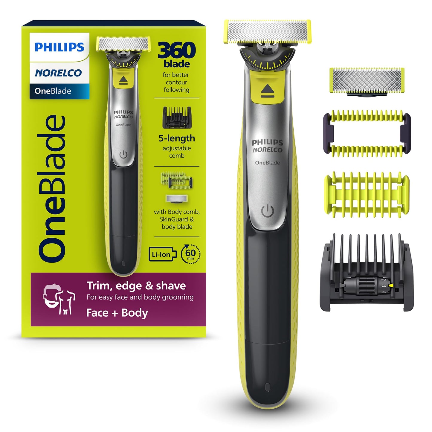 Philips Norelco OneBlade 360 Face + Body Hybrid Electric Trimmer and Shaver