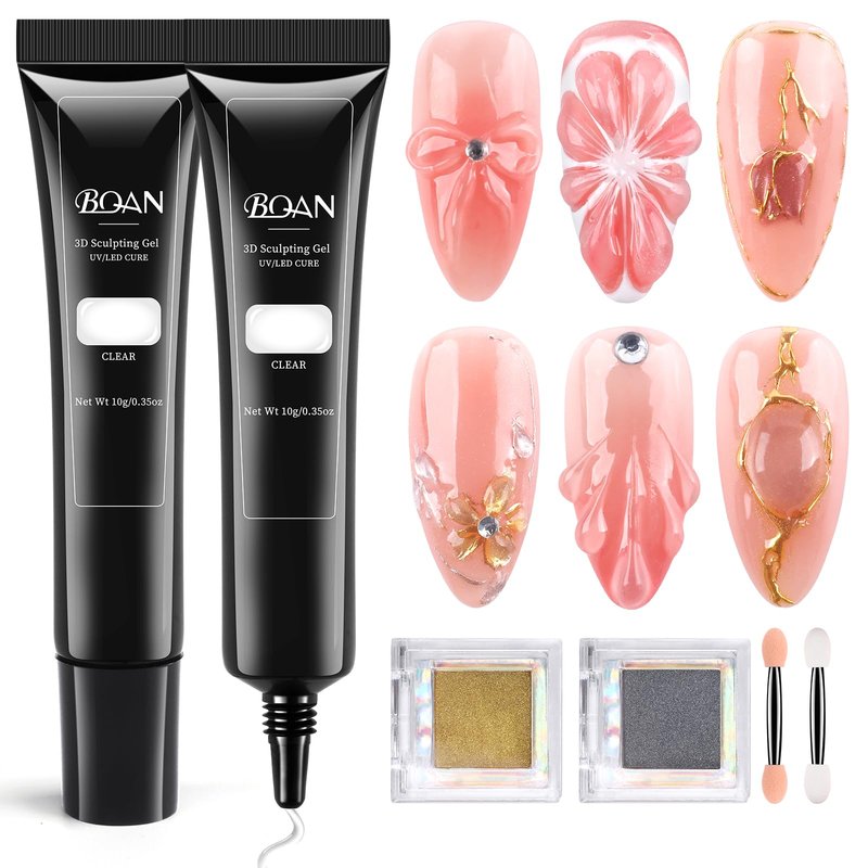 BQAN 3D Nail Sculpting Gel Kit, 2x10g UV Gel No-Wipe Formula with Chrome Powder, Professional Nail Art Gel for Salon DIY Design, Rhinestone Application & Gel Manicure (Clear)
