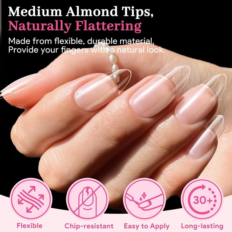 Qiek Medium Almond Fake Nail Tips, 15 Sizes 240 PCS Clear Half Matte Press On False Nail Tips Pre-shaped Full Cover Gel Nail Acrylic Soft Tips Extensions Thick Long Lasting for Home DIY Nail Salon