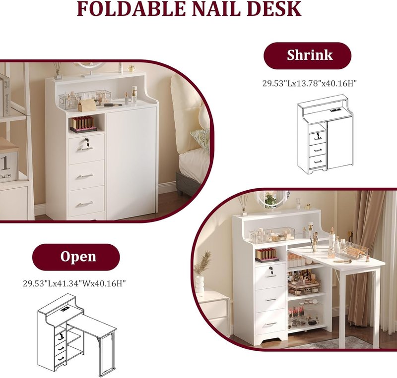 Skiennix Foldable Nail Desk - Portable Manicure Table with Power Outlets & Lockable Drawer | White L-Shape Workstation for Home Salon