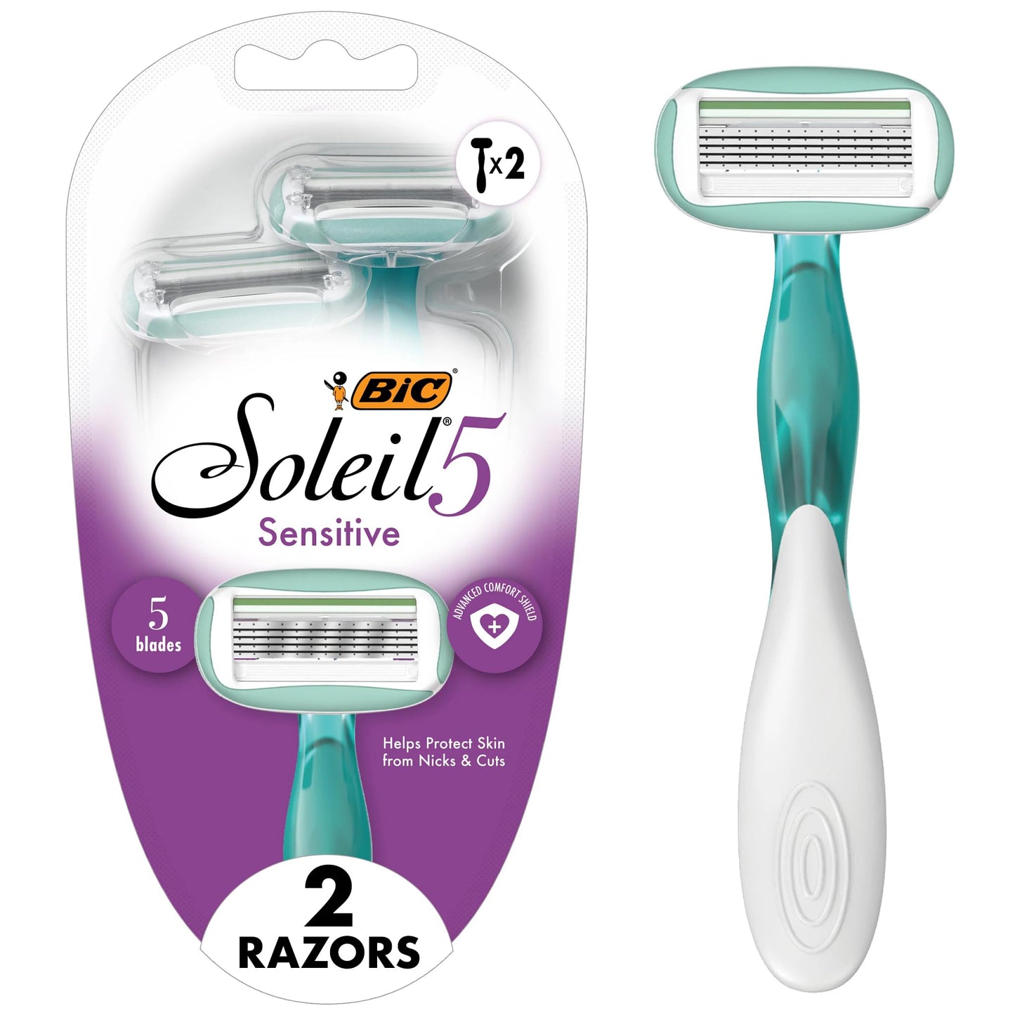 BIC Soleil 5 Sensitive Women's Disposable Razors With 360 Degree Moisture Strips For Enhanced Glide, Shaving Razors With 5 Blades, 2 Count